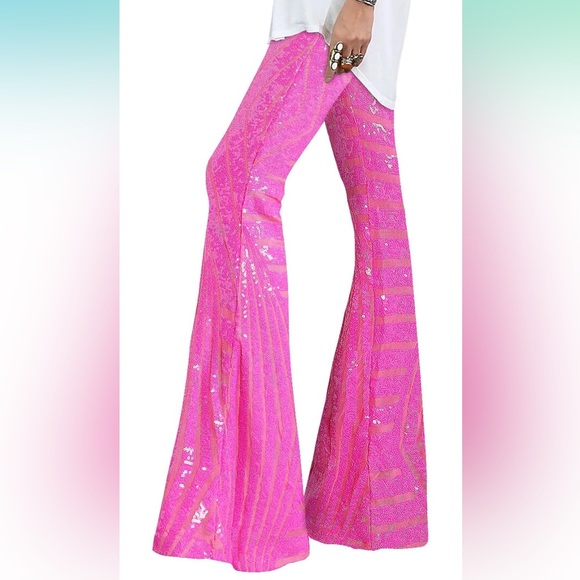 2/for $20 🪩 Hot Pink, Sparkly Sequins, High Waisted, Wide Leg Bell Bottoms - Picture 16 of 16
